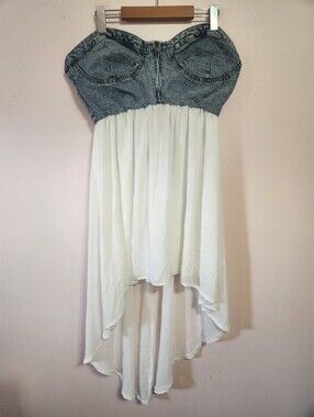 Live 4 Truth Y2K Denim Bustier High Low Chiffon Midi Dress Smocked Zip Front L